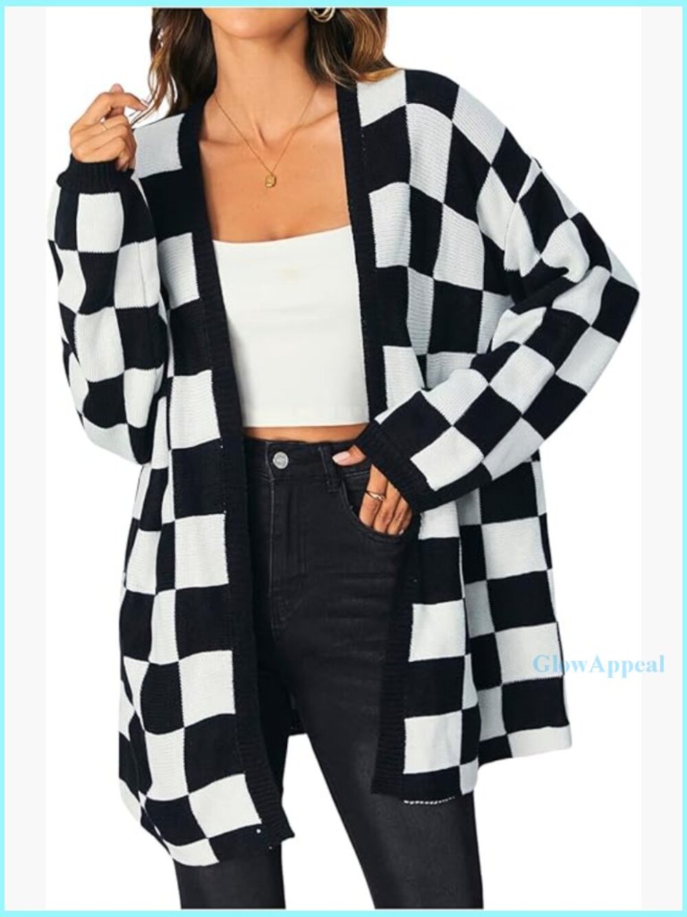 Oversized Long Sleeve Cardigan Sweater Plaid Print Open Front Lightweight